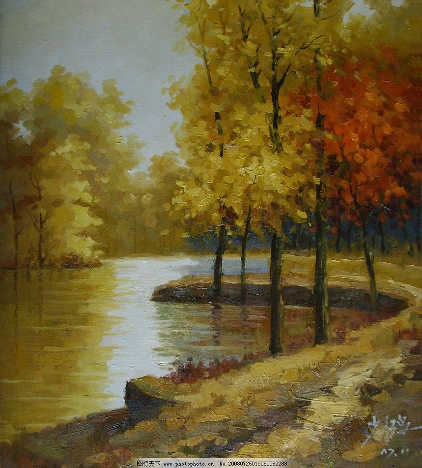 万达风景油画 树木 森林 小河 文化艺术 绘画书法 万达油画