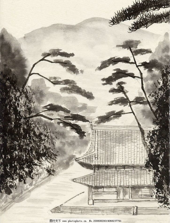 古典风景 水墨 山水 国画 艺术 绘画 古典 房子 远山 文化艺术 绘画书