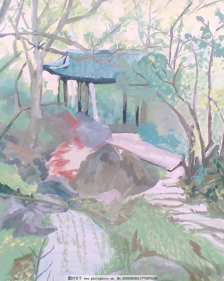 流水小亭 风景 绘画书法 凉亭 树木 水粉风景画 水粉画 流水小亭设计